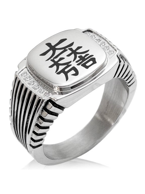 Stainless Steel Ishida Samurai Crest CZ Ribbed Needle Stripe Pattern Biker Style Polished Ring
