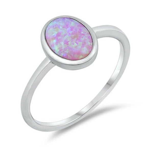 CHOOSE YOUR COLOR Pink Simulated Opal Oval Ring .925 Sterling Silver Band CZ Female Size 8