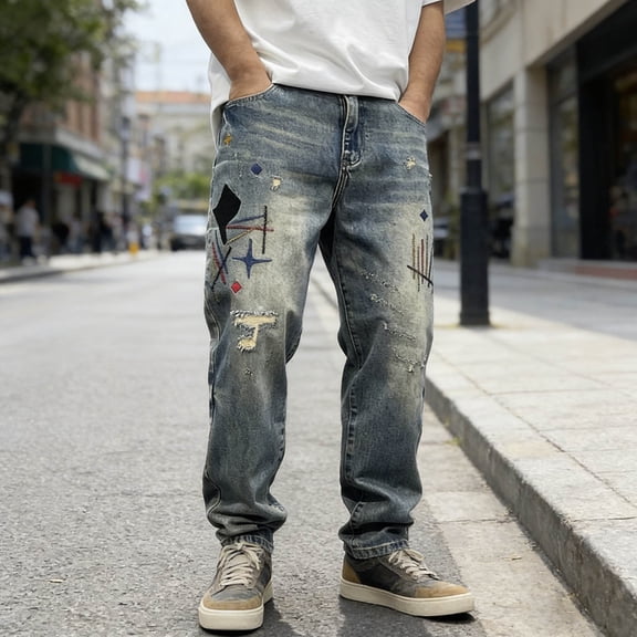Hop Ripped Jeans for Men Embroidered Straight Leg Denim Pants Spring Fall Casual Streetwear Blue 28