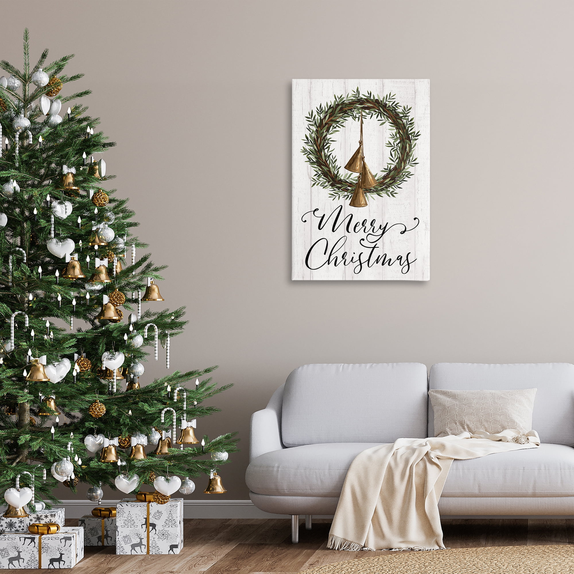 Stupell Industries Christmas Wreath & Bells Holiday Painting Gallery Wrapped Canvas Art Prints Wall Art, 24 x 36