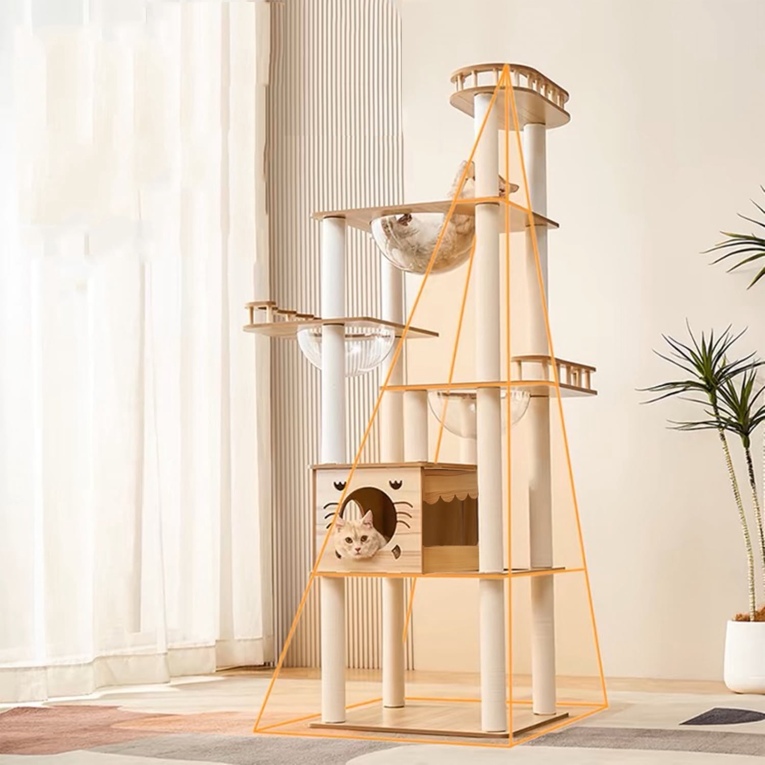Mekidulu 73in Modern Wood Cat Tree Tower with 3 Space Capsules, 7-Level Indoor Condo, Natural