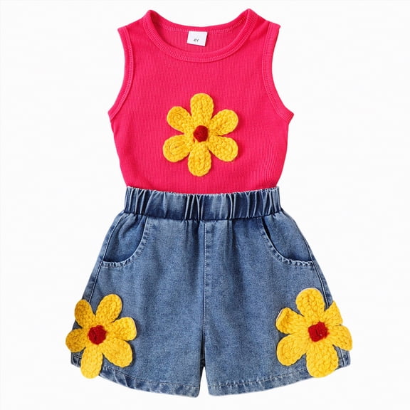 TOWED22 Infant Girl Clothing Sets 2 Piece Lovely Tank Tee Sleeveless and Shorts Summer Outfits Adorable(Hot Pink,4-5 Y)