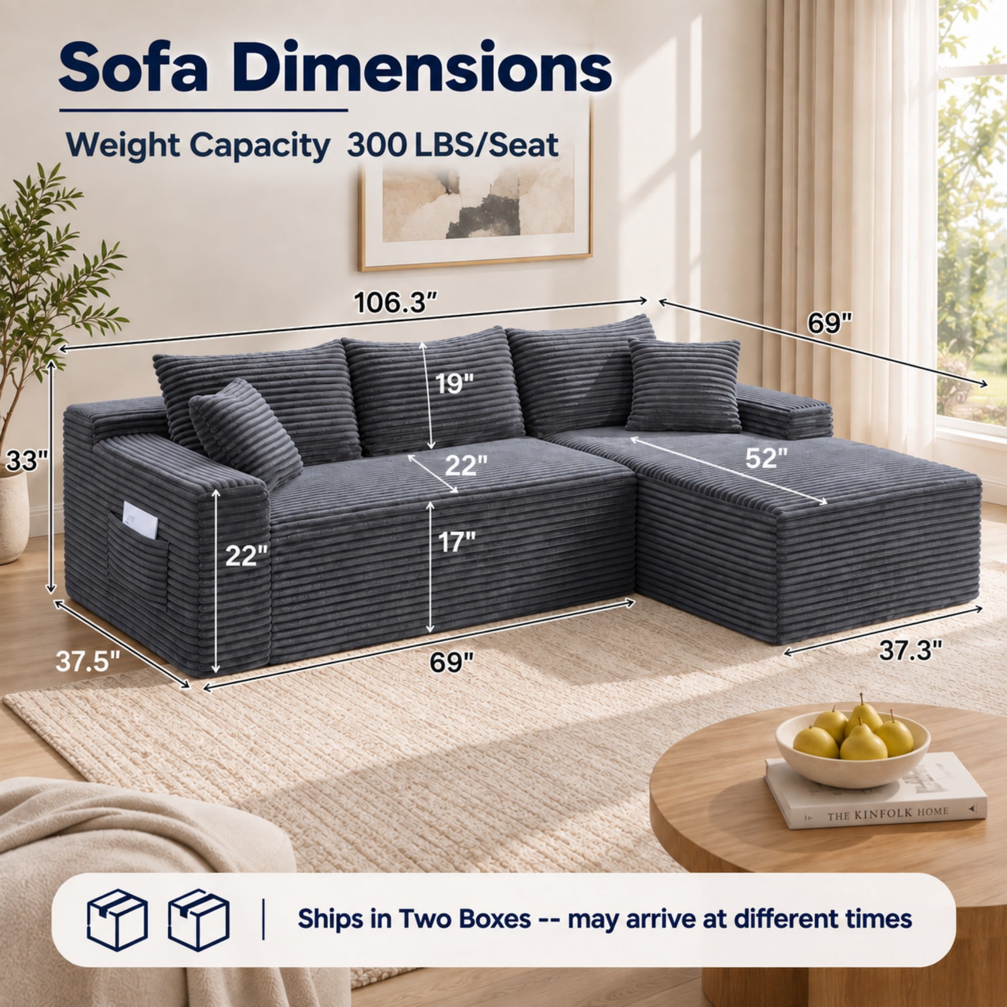 DEALTOPS 106" Corduroy L-Shape Sectional Sofa, Modular Floor Cloud Couch with Right Chaise, Gray