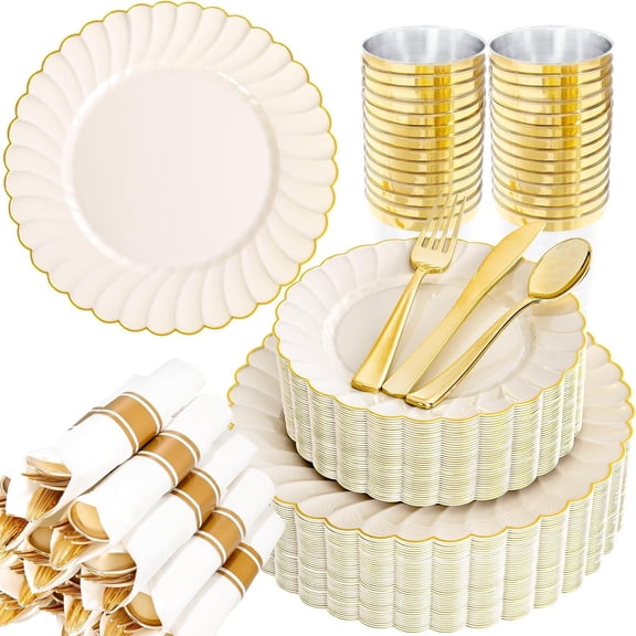 350PCS Ivory Scalloped Plastic Plates - Ivory and Gold Disposable Dinnerware Set Include 100 Plates, 150 Gold Silverware, 50 Cups, 50 Napkins for Wedding & Party
