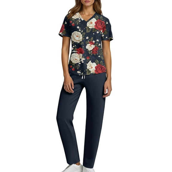 Domzest Scrub Sets for Woman Plus Size Scrub Joggers Stretchy V Neck Yoga Scrub Pants and Tops Nursing Scrubs Medical Uniforms with Pockets M