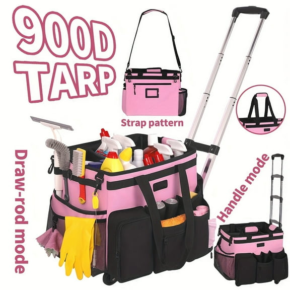 Large Rolling Cleaning Caddy Bag with Detachable Trolley, Waterproof Wheeled Organizer for Home, Car, Office, Picnic & Housekeeping Supplies