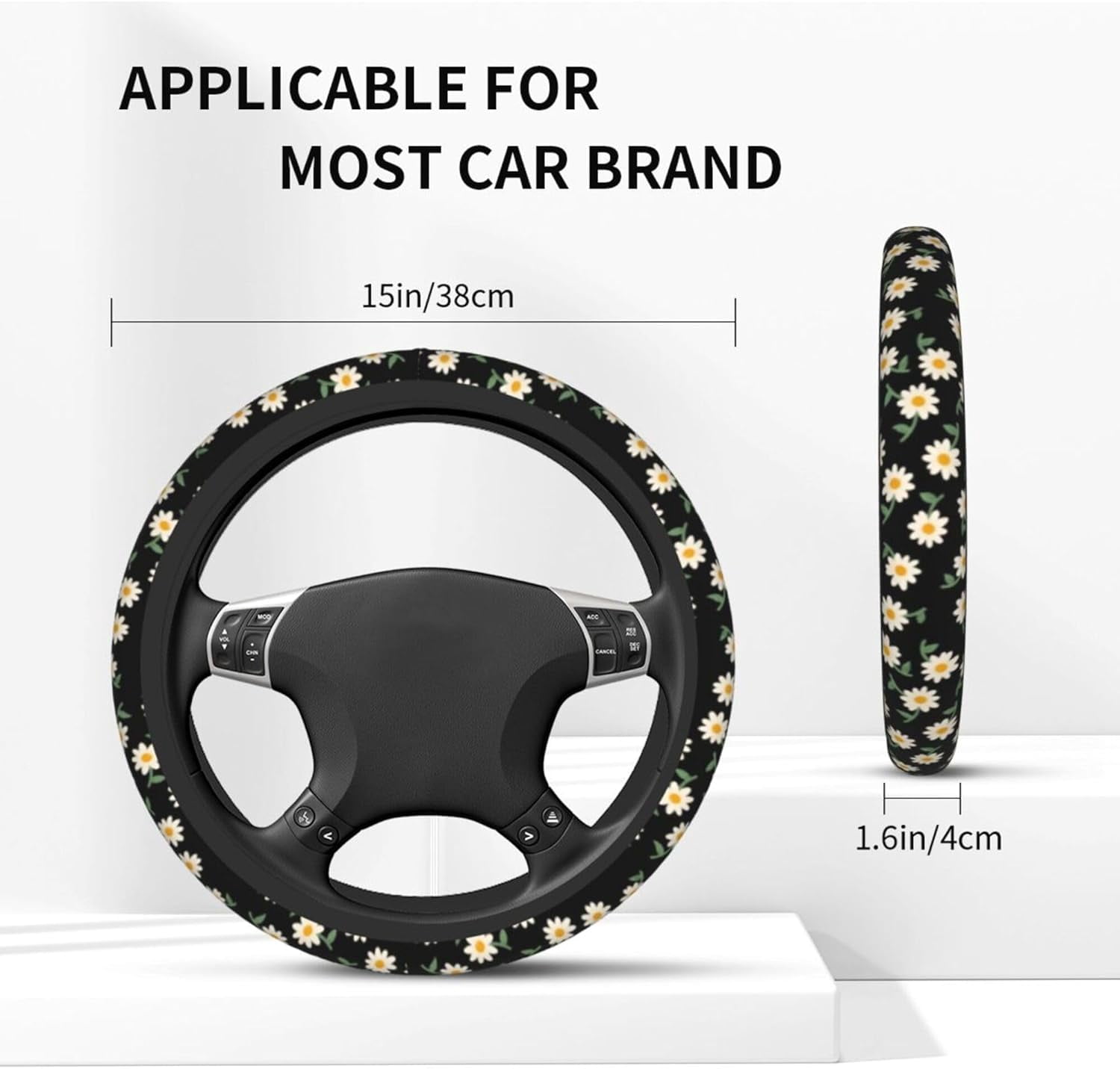 Daisy Flower Steering Wheel Cover for Women - Cute Anti-Slip Breathable Universal 14-15 Inch Car Wheel Cover with 2 Matching Coasters Set, Soft Comfort Grip Accessories