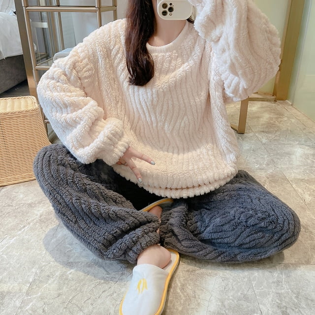 Ensemble de Pyjama Chaud en Flanelle d'Hiver pour Femmes, Épais, Tenue de Nuit, Pyjama Doux pour Femme, Pantalon, 2 Pcs, Chandail, Surdimensionné, 6TG