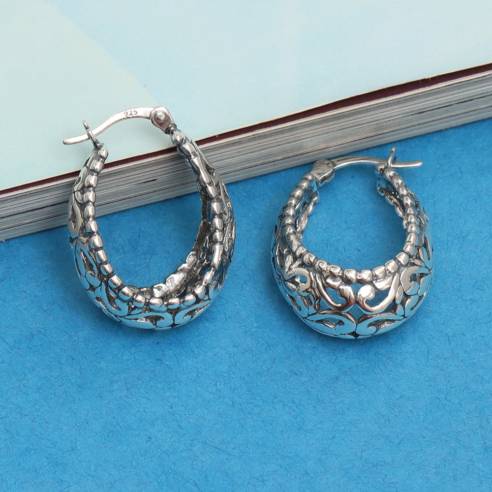 LeCalla 925 Sterling Silver Jewelry Floral Design Light-Weight Oval Filigree Hoop Earrings for Women and Teen 25MM