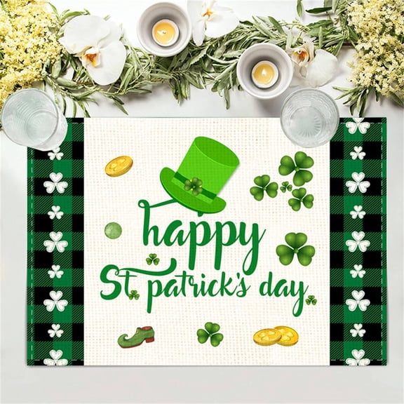 Outoloxit St. Patrick‘s Day Placemats Set of 6 - Printed Leprechaun Shamrock Design, Waterproof Heat Insulation Table Mats for Kitchen Dining, Easy Clean Holiday Decor