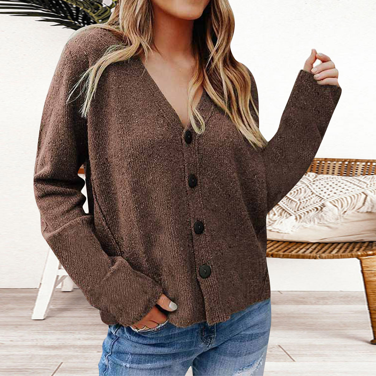 2DXuixsh Cotton Sweaters for Women Petite Womens Long Sleeve Loose Knit Cable Open Front Button Cardigan Sweater Outerwear Coat with Pockets Sweater Cardigan Polyester Spandex Coffee Xl Walmart