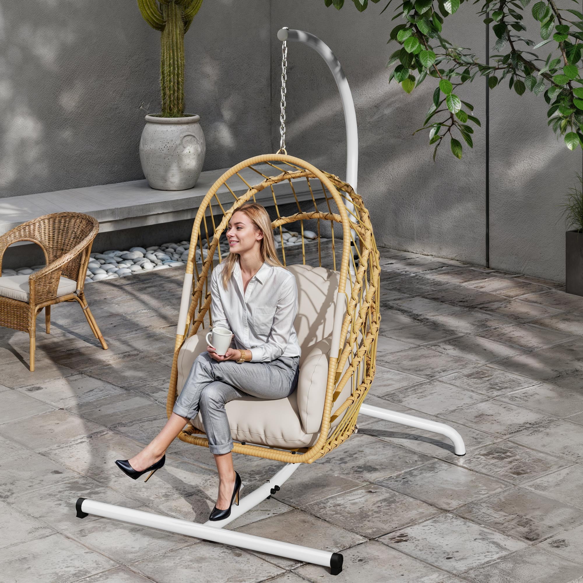 Uforic Hanging Egg Chair with Stand, Patio Swing Egg Chair Hammock Chair for Outdoor Indoor - Beige