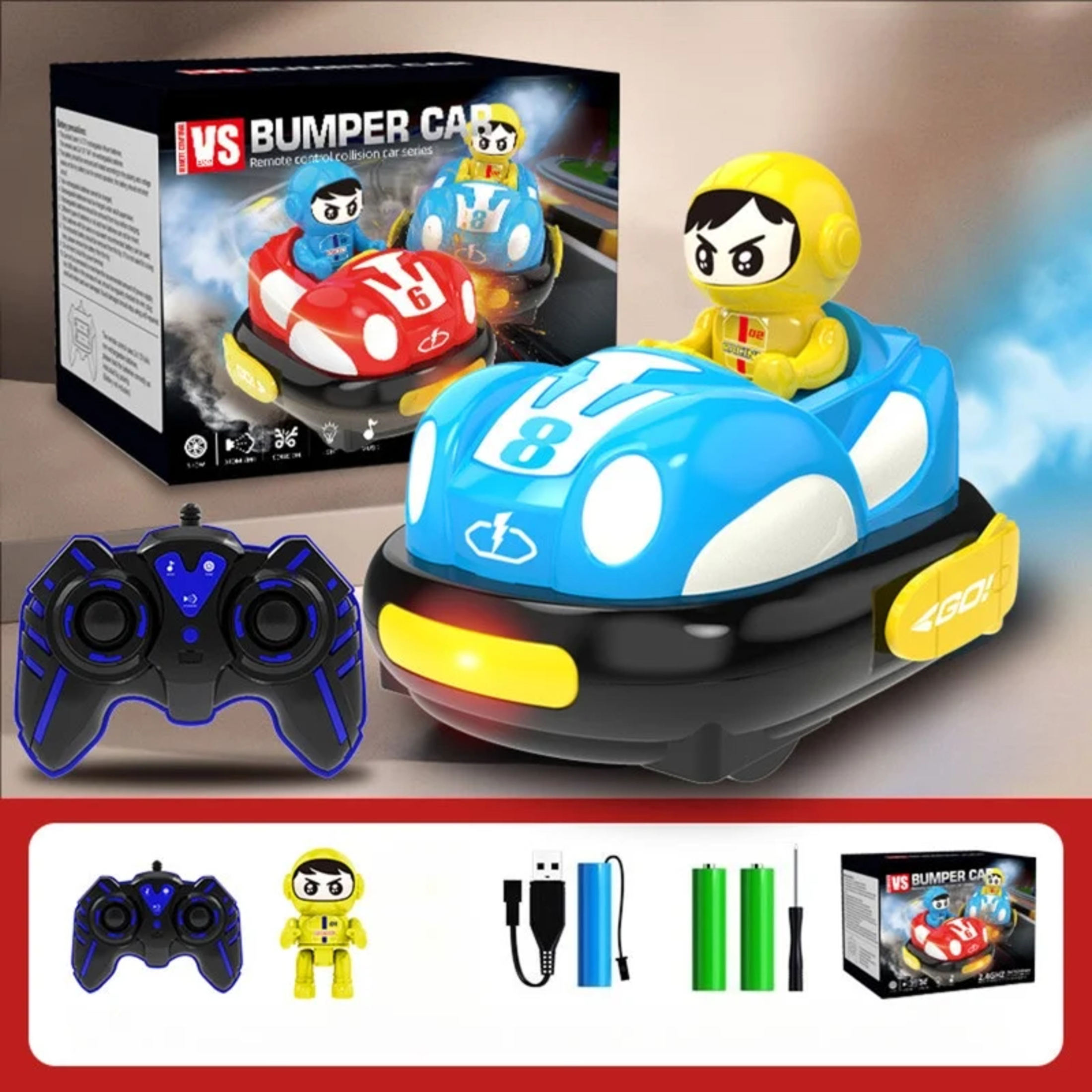 RC Bumper Car Funtogether Toys, 2-Player Set with Ejector Seats, Lights & Sounds, 2.4GHz Remote, USB Rechargeable, Red & Blue