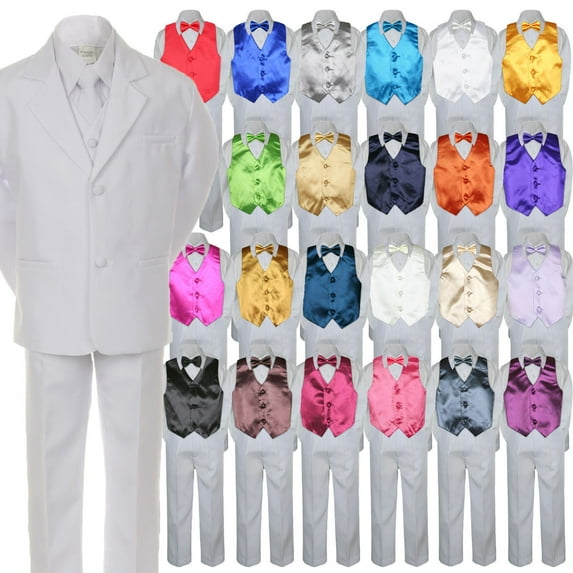 7pc Boys Baby Toddler Kid Formal Wedding White Tuxedo Suits Vest Set Bow Tie S-7