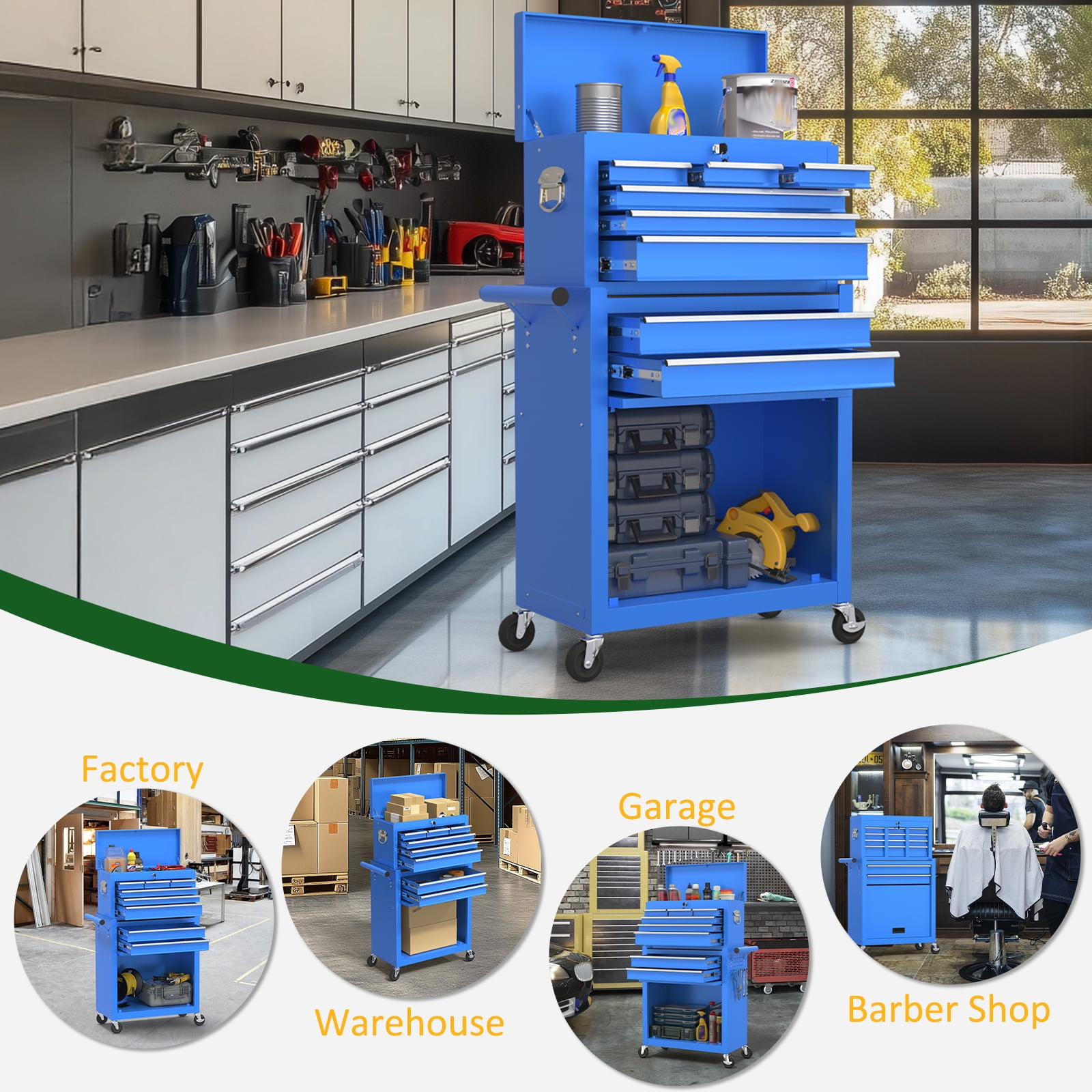 Odaof 8-Drawer Rolling Tool Chest on Wheels with Drawers Locking Toolbox Organizer for Mechanics Garage Workshop Blue