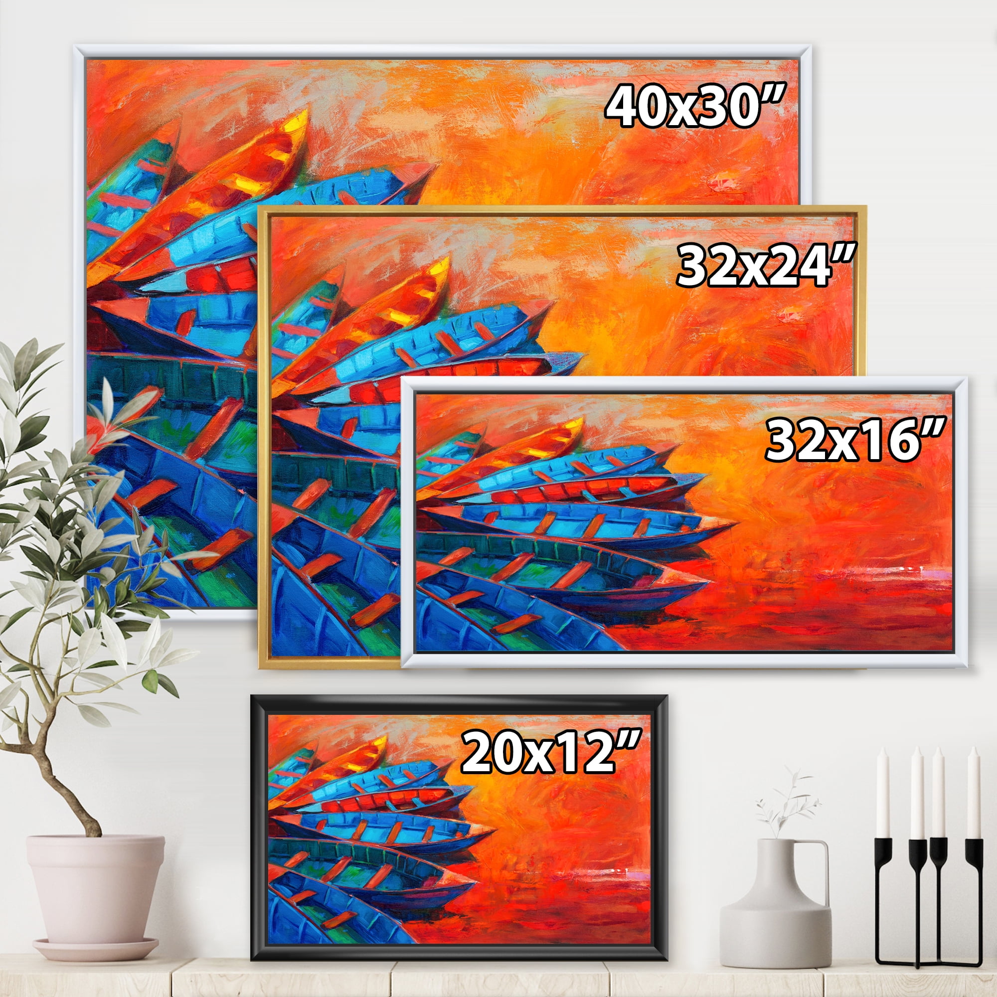 Boats During Warm Sunset Resting On The Water V 32 in x 16 in Framed Painting Canvas Art Print, by Designart