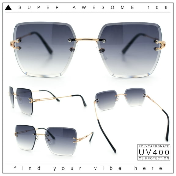 Womens Rimless Oversized Rectangle Designer Fashion Metal Rim Sunglasses Gold Black - Smoke