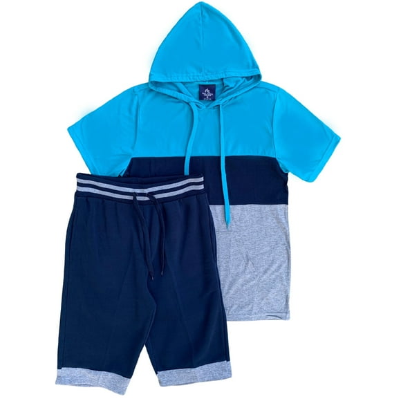 Men’s 2-piece Color block Short Set pullover Hoodie with matching shorts