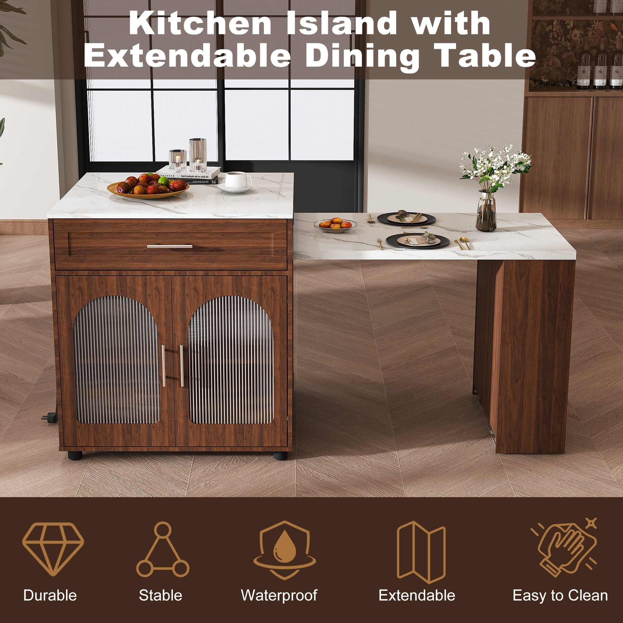 Wohh 80 Inch Extendable Kitchen Island with Marble-patterned Top & Dining Table, Expandable Rolling Cart with Power Outlet, Mobile Storage Cabinet for Small Spaces