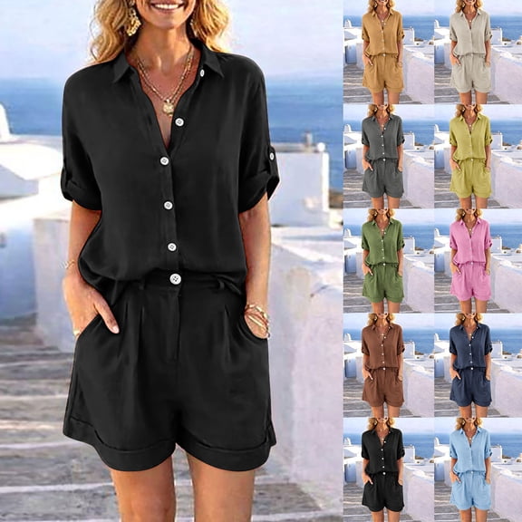 Womens Summer Set Ndbuld Women's Summer And Linen Set Casual Collar Button Up Shirt wide Leg Shorts Set Two-piece Set Gray S