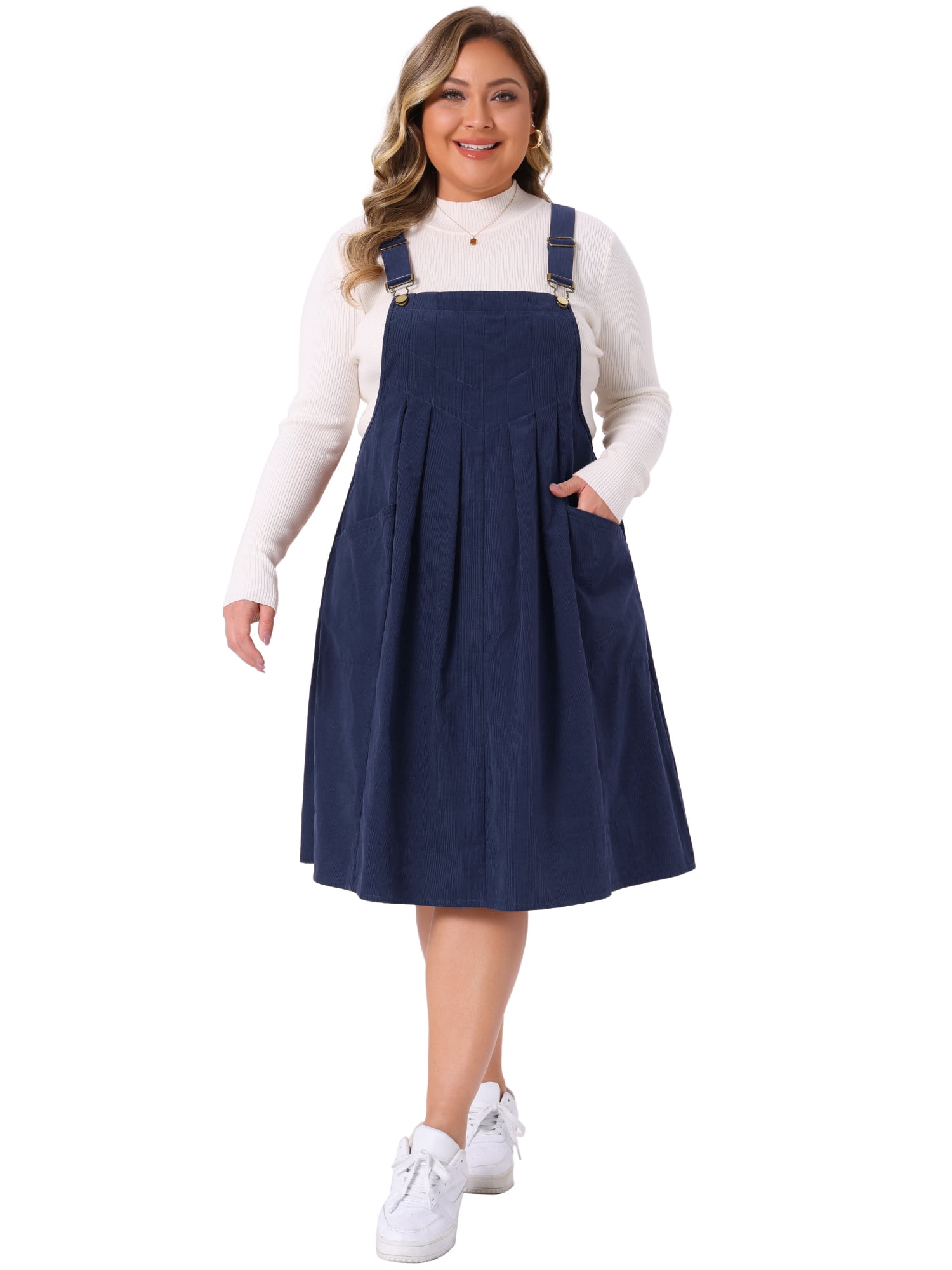 DARING DIVA Women's Plus Corduroy Pinafore Dress Pleated Skirt 3X Dark Blue