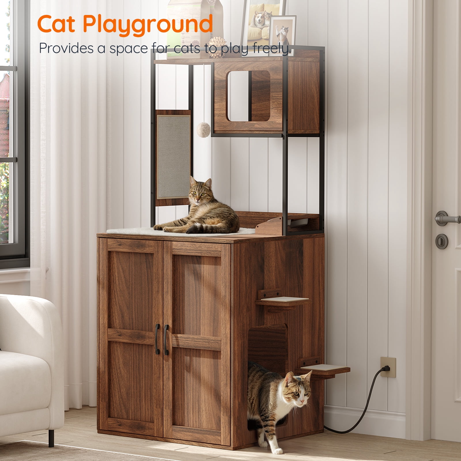 HOOBRO Cat Tree with Hidden Litter Box Enclosure & Scratching Mat, Walnut