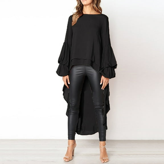 Fimkaul Women's Button Down Shirts Long Sleeve Casual Tops Pullover Chiffon Shirt Irregular Chiffon Blouse Black M