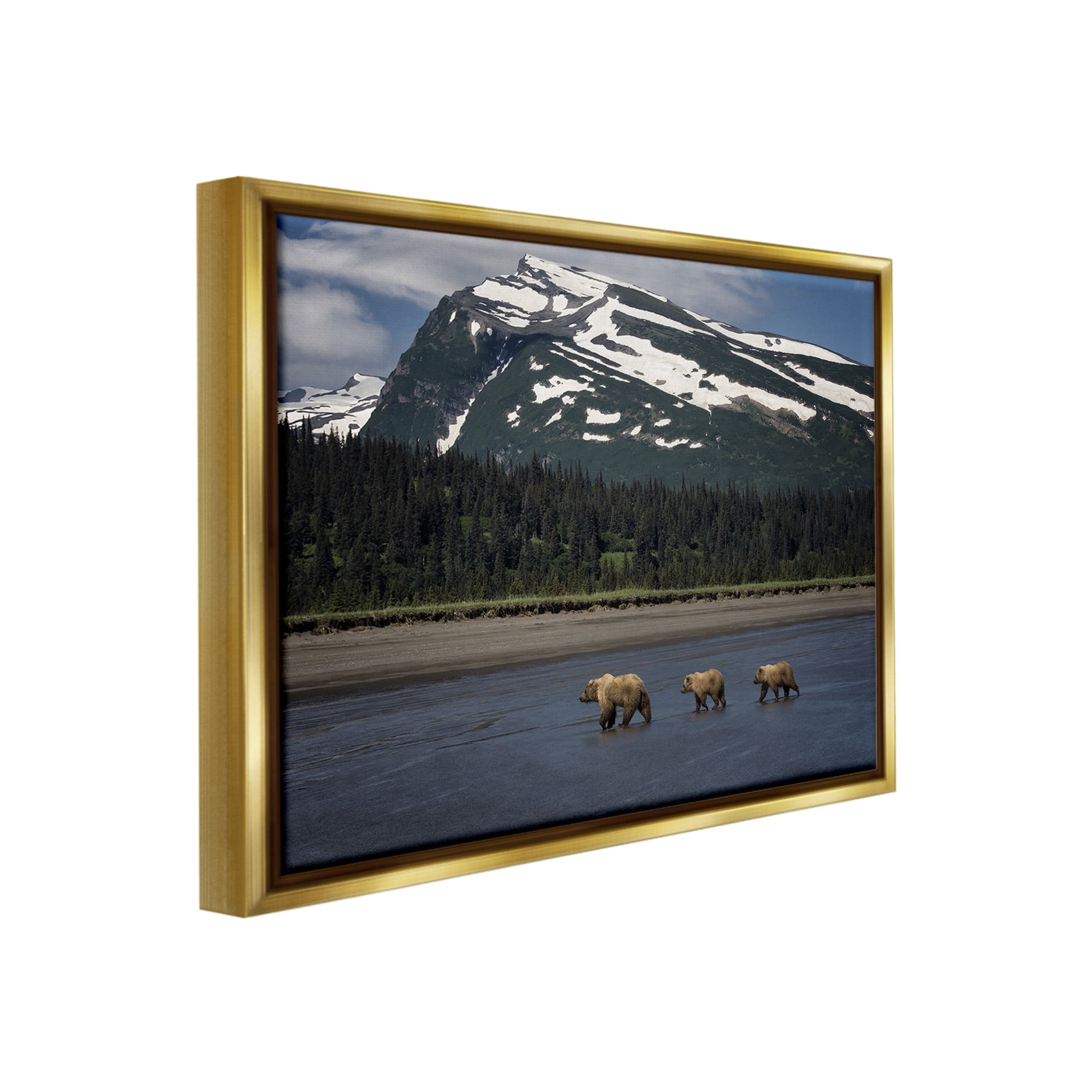 Stupell Industries Bears Crossing Icy River Landscape Photography Gold Floater Framed Canvas Art Print Wall Art, 21 x 17