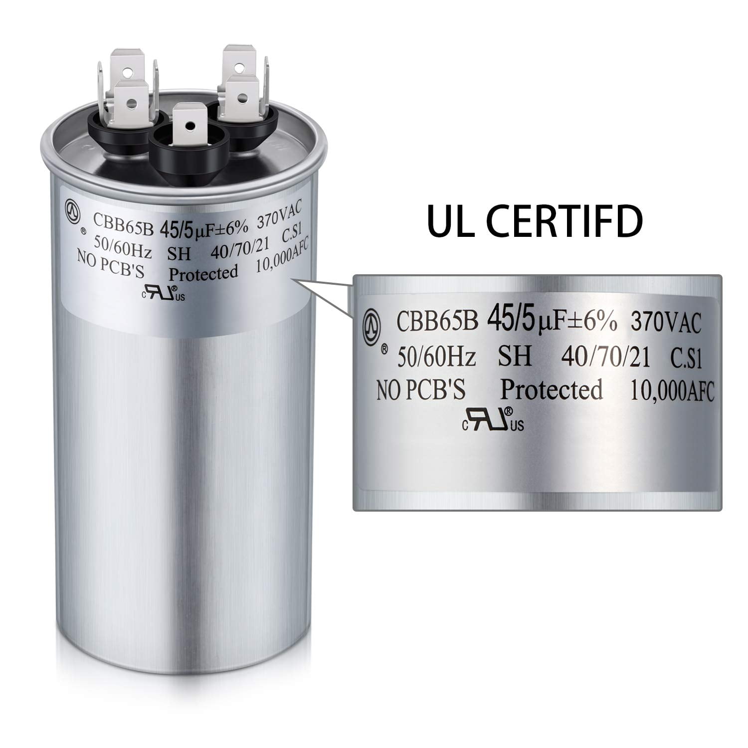 HUAREW 45/5 uF ±6% 1.96x5.34 inch 45+5 MFD 370/440 VAC CBB65 Dual Run Start Round Capacitor for Condenser Straight Cool or Heat Pump Air Conditioner or AC Motor and Fan Starting 
