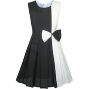 Girls Dress Color Block Contrast White Black Bow Tie 12