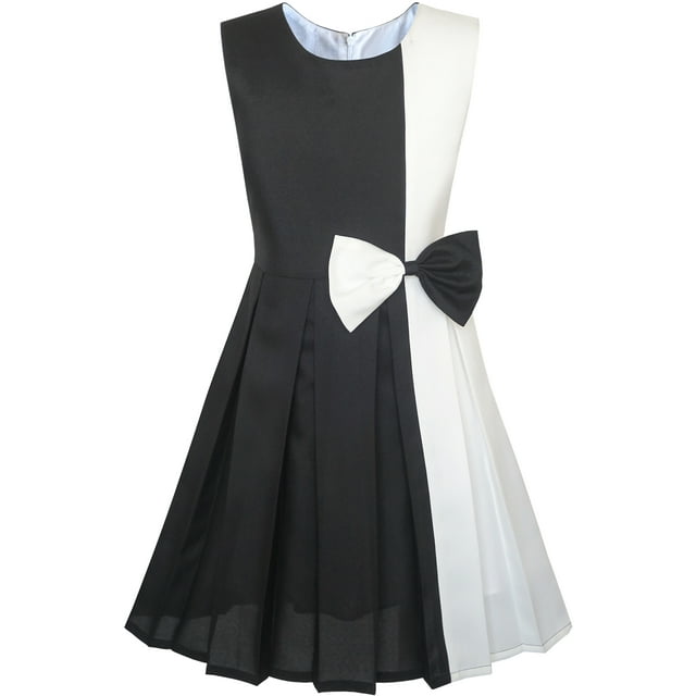 Girls Dress Color Block Contrast White Black Bow Tie 5 Years