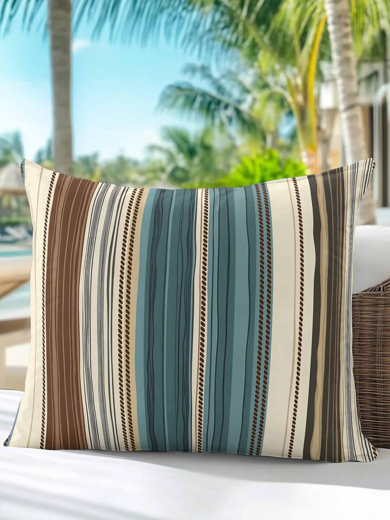 Waterproof Outdoor Throw Pillows with Inserts 16"x16", Teal Boho Stripes Soft Decorative Pillowcases for Couch Bedroom, Modern Bohemia Brown Beige Texture Pillow Covers for Sofa Living Room