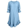 thumbnail image 7 of Women's V Neck 3/4 Sleeve Loose Swing Mini Dress, Solid Ruffle Hem Casual Summer Vacation Tunic Dress Light Blue XL(XL), 7 of 7
