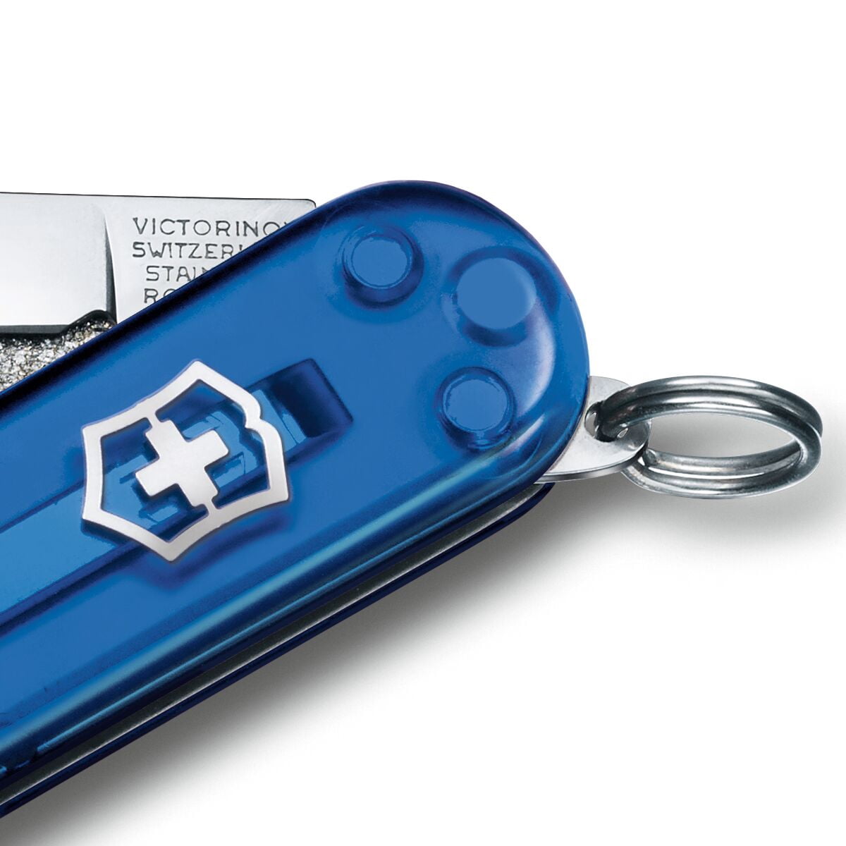 Victorinox Classic SD Swiss Army Knife, Compact, 7 Functions, Swiss Made Pocket Knife with Small Blade, Screwdriver and Key Ring - Transparent Blue