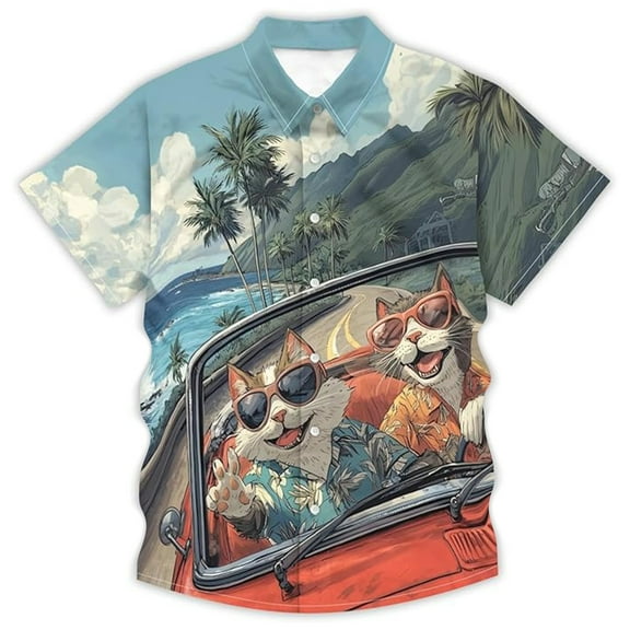 Men Button Up Shirt Funny Cartoon Print Hawaiian Shirt Lightweight Breathable Turndown Collar Short Sleeve Classic Fit Men Shirts