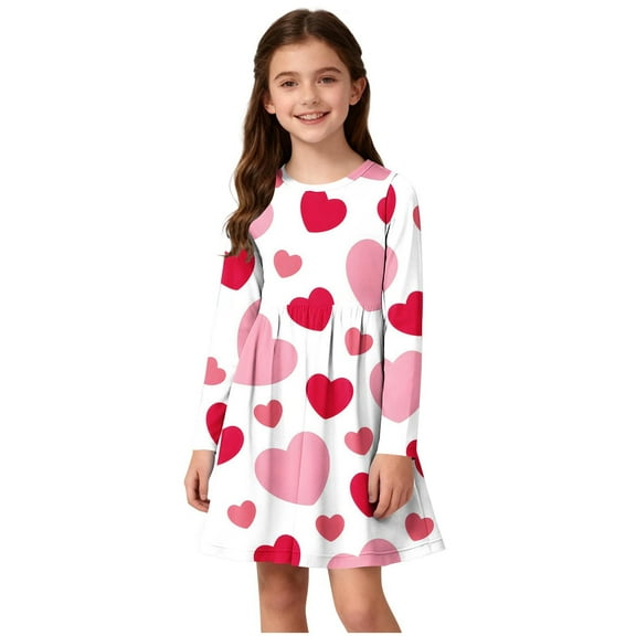 Girls Party Dress Valentine's Day Heart Graphic Crew Neck Long Sleeve Dresses Size 4-14