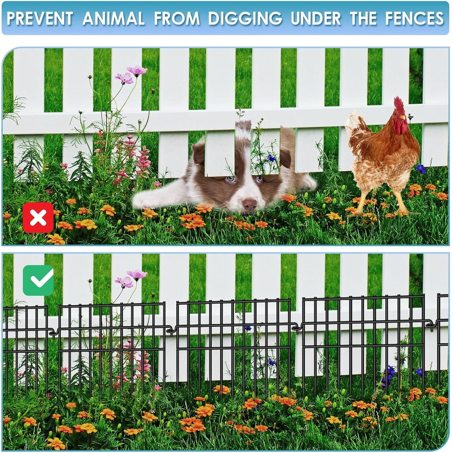 37ft (L) X 13in (H) Garden Animal Barrier Fence, 26 Pack No Dig Dog Fence Border, 1.44in Gap Decorative Fences, Rustproof Metal Wire Garden Border Fence for Dog, Rabbits Ground Stakes