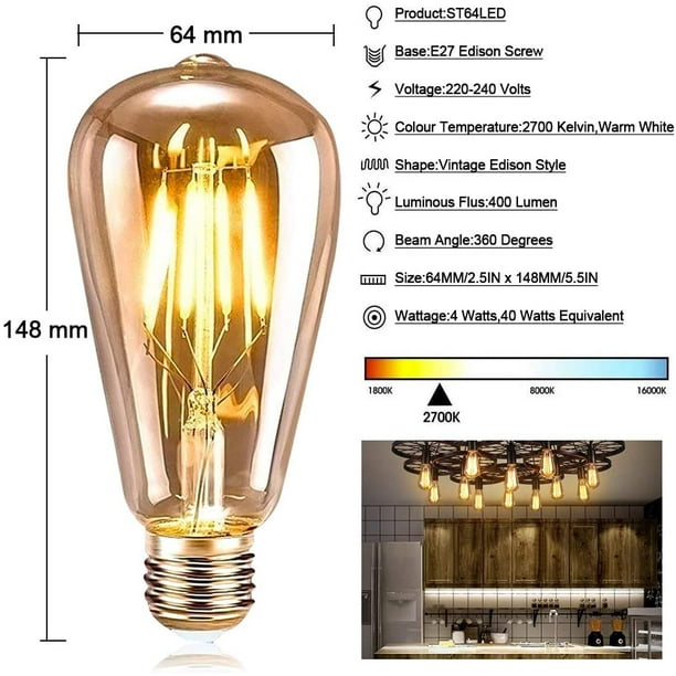 Ampoule LED ST64 Edison/Vintage au verre ambré,E27,lumière blanc chaud