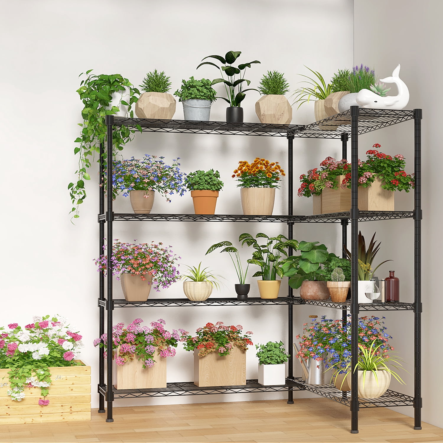 4-Tier Double Row Display Rack - 147x35x150cm, Sturdy Iron with Powder-Coated Black Finish, Adjustable Tier Spacing, for Retail,Home,Office
