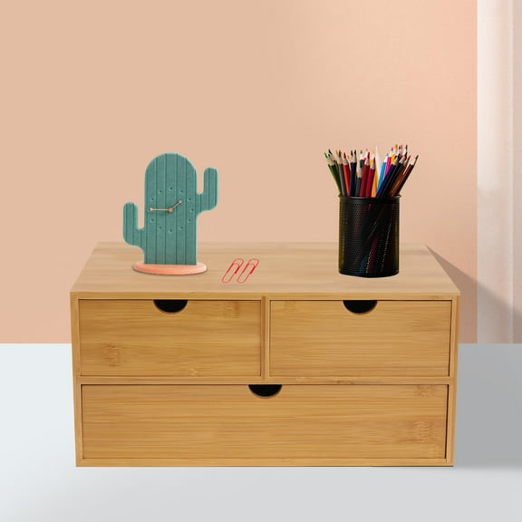 DENEST Bamboo Desk Organizer -Tabletop Mini Bamboo Desk Drawer Storage Box w/ 3 Drawers