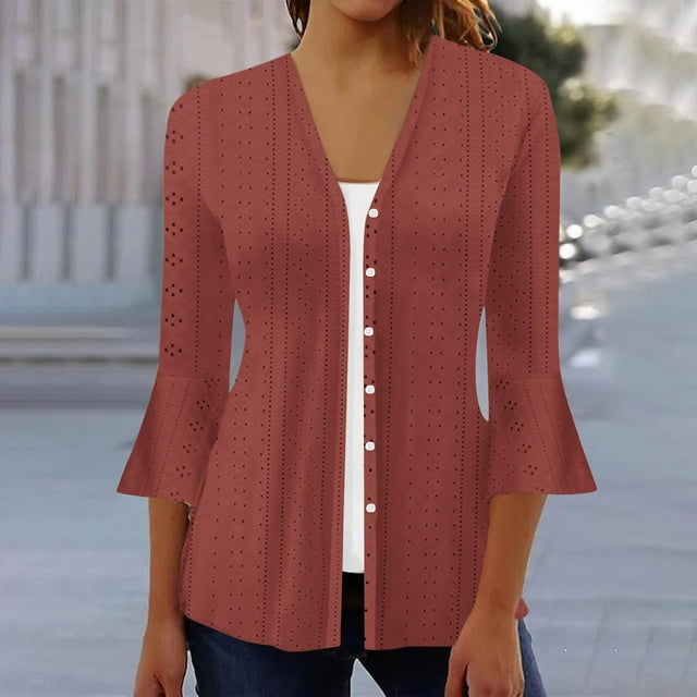 VKOYWKM 3/4 Length Sleeve Womens Tops Trendy Eyelet Embroidery Tees Button Down V Neck Pullover Tops Solid Color Ruffle Bell Sleeve Tunic Blouses