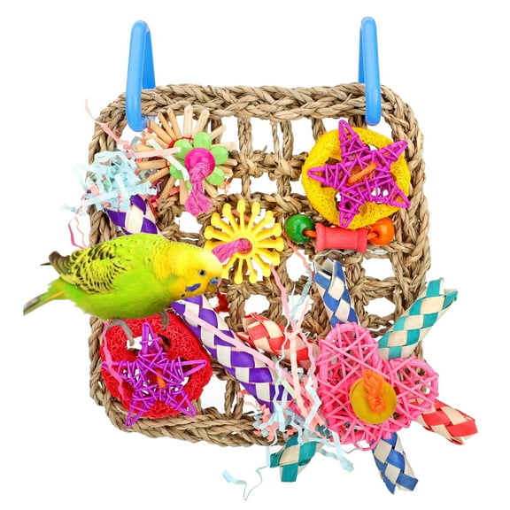 EEEkit Bird Toys, Edible Seagrass Woven Climbing Hammock Net with Colorful Chewing Toys for Parrots