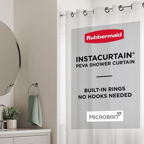 Rubbermaid Frosty No Hook 3-in-1 Waterproof Heavyweight PEVA Instacurtain Shower Curtain with Weighted Magnets and Rustproof Gray Rings, 71” x 74”