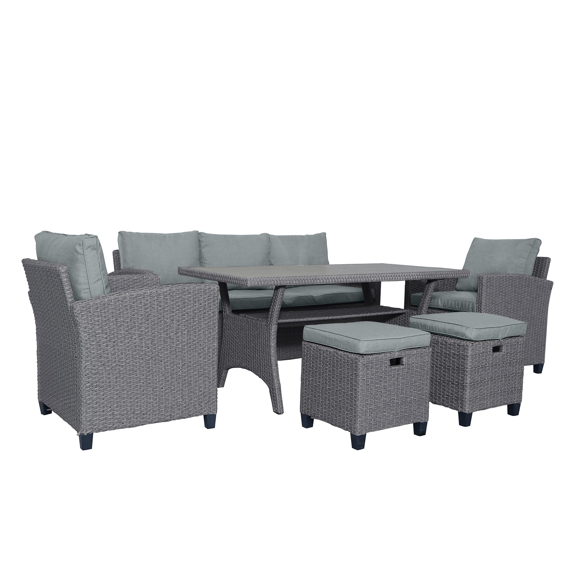 Harper & Bright Designs 6 Pieces Wicker Outdoor Patio Furniture Set with 3-Seater Sofa, 2 Armchairs, Coffee Table & Stools, All-Weather Rattan Conversation Lounge Set for Backyard Garden, Gray