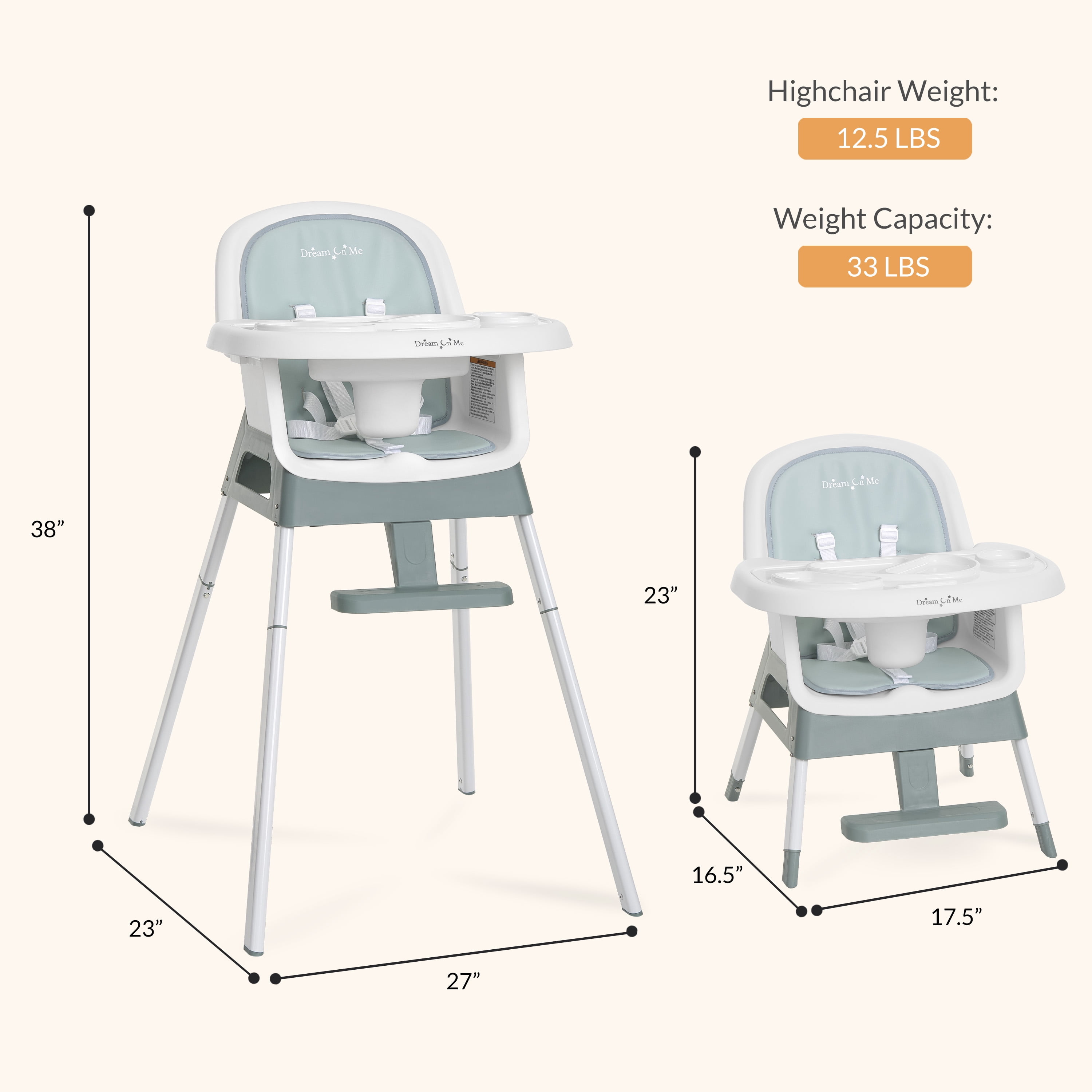 Dream On Me Lightweight & Convertible Curio Sit N Seek High Chair, Mint