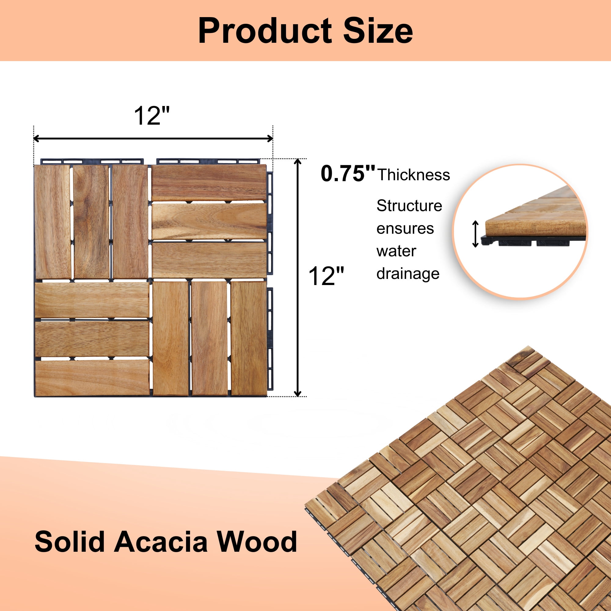 Miniyam 20 PcsInterlocking Deck Tiles, Acacia Solid Wood, 12x12 inch, Outdoor Garden, Natural