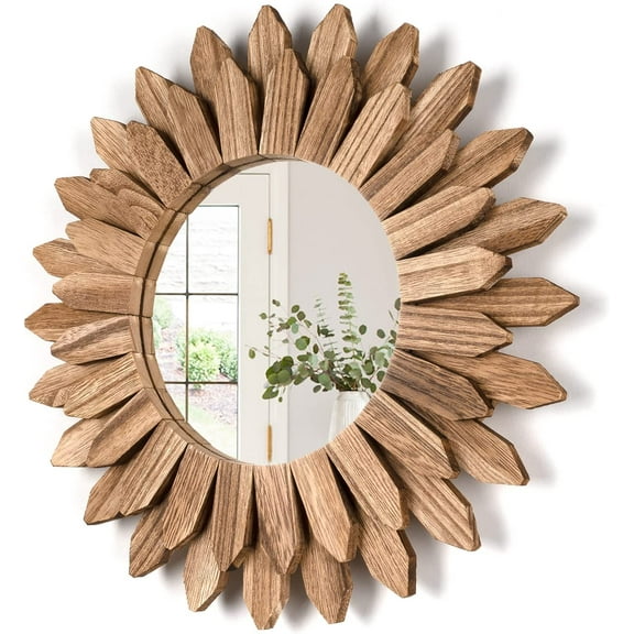 EnjinZZ Wall Mirror Decorative 12 inch Rustic Wood Mirror Sunburst Boho Mirror for Entryway Bedroom Living Room Bathroom House Warming Gifts New Home Essential Carbonized Black