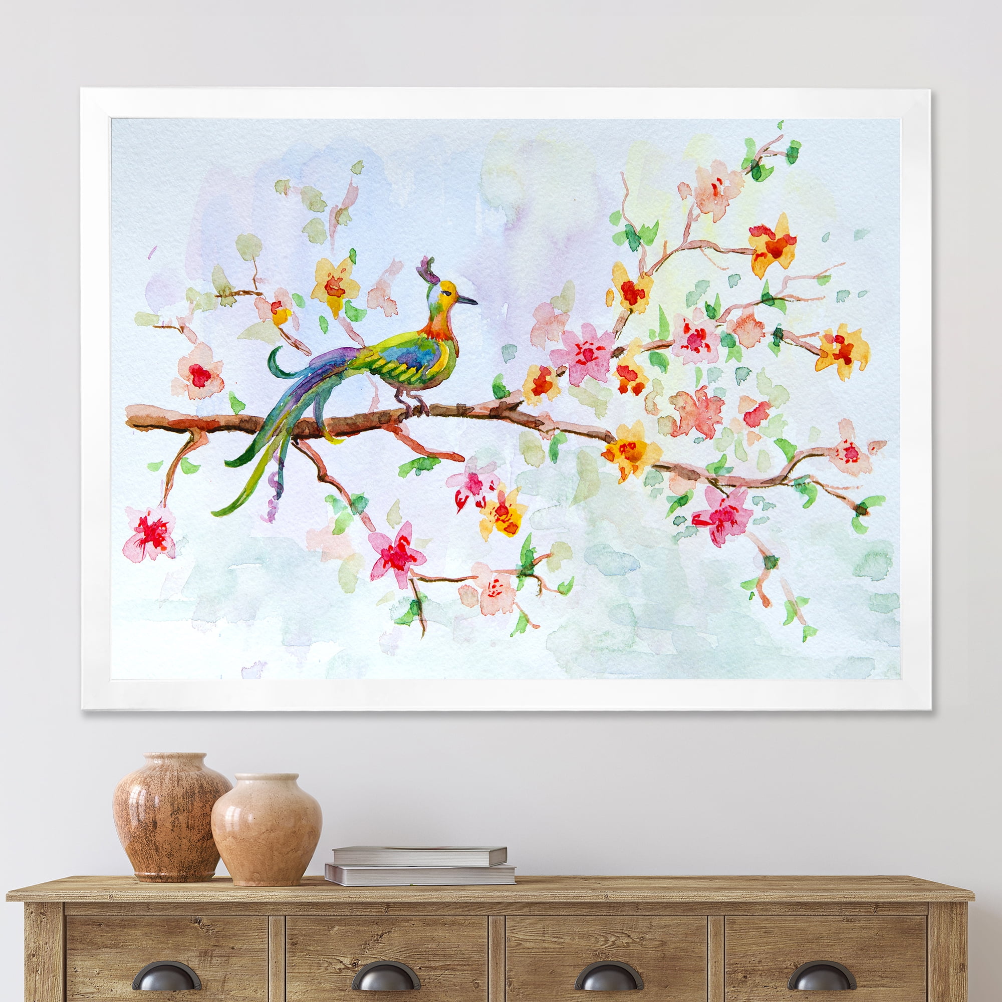 Designart 'Little Bird Sitting On Blooming Branch' Traditional Framed Art Print