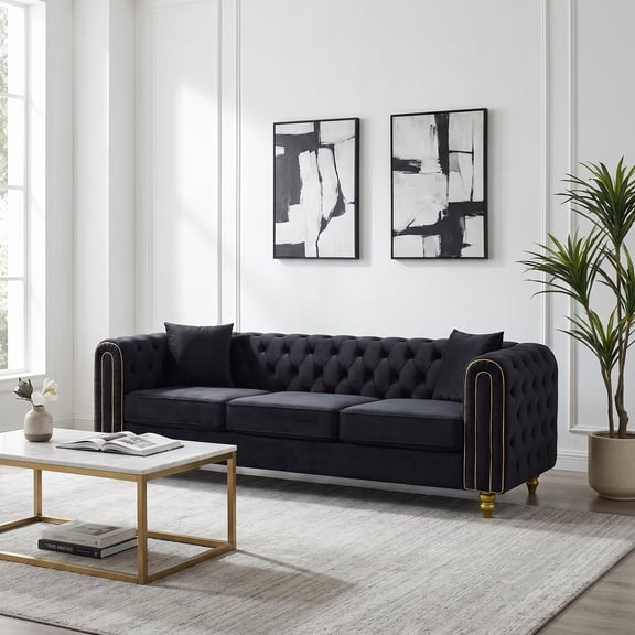 86" Velvet Chesterfield Sofa with Gold Legs
