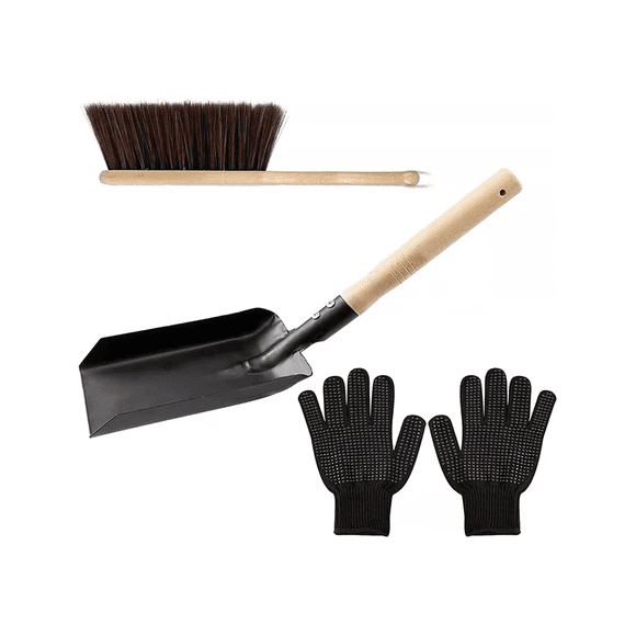 Hearth Brush Set,Silicone Gloves,Fireplace Shovel Hand Shovel and Brush,Wooden Handles Coal Fireplace Tool Set for Home